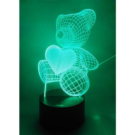 Teddybjørn 3D nattlys LED illusjonslampe nattbord bordlampe, 7 fargeskiftende lys med akryl flat og ABS base og USB-lader