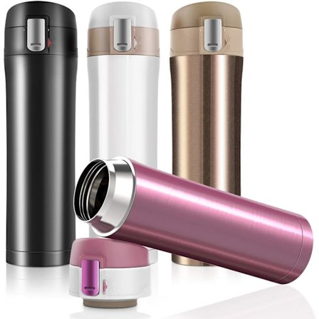 Kaksiseinäinen tyhjiöeristetty ruostumattomasta teräksestä valmistettu kuppitermos, termos kuumille ja kylmille juomille, matkamuki, musta