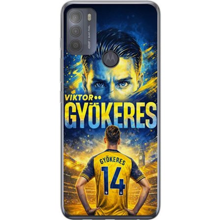 Kompatibelt Mobildeksel til Motorola Motorola Moto G50 Viktor Gyökeres fotballplakat i gult og blått med dramatisk stadionbakgrunn, sportillustrasjo