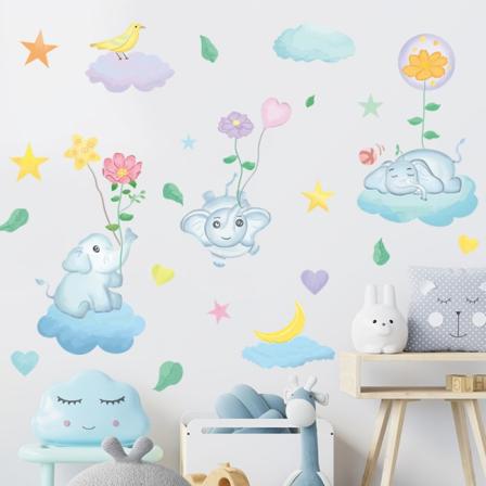 Värikkäät ilmapallot Ihastuttava elefantti seinätarrat, lentävät eläimet sarjakuva seinäkoriste, söpö pilvi tähdet seinätarra lapsille tyttö