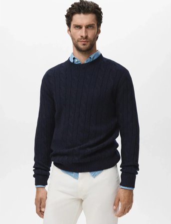 Mango 100% Wool Braided Sweater - Navy - L