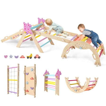 COSTWAY Aukeavat Kiipeilykolmiot, Lasten Montessori Leikkipaikka, Massiivipuinen Leikkikehä Yksisarvisaiheella