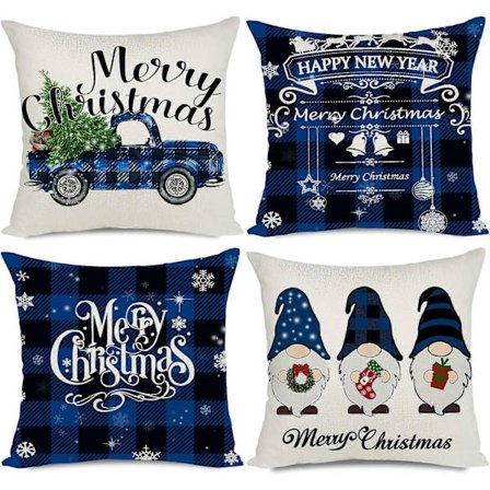 Juleputetrekk Blå 45 x 45 cm Dekorativ Utendørs Gårdshus God Jul Buffalo Plaid Truck Gnome Juleputetrekk Sofatrekk Sett med 4