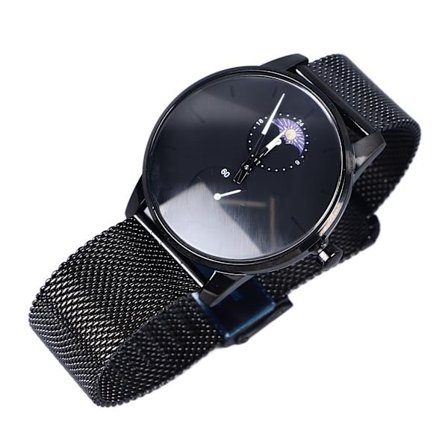 Herr Moonphase Kvarts Klocka Rostfritt Stål Mesh Armband Tunn Vattentät Svart Minimalistisk