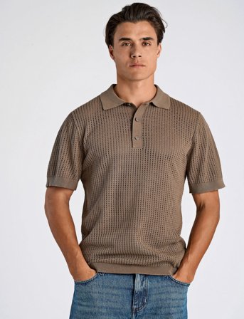 Lindbergh Crochet Knitted S/S V-Neck Polo - Brown - M