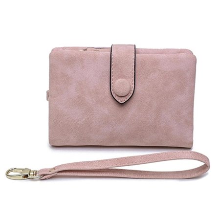 Vaaleanpunainen pieni kolmiosa-nahkainen lompakko naisille, useita korttipaikkoja, PU-nahkainen käsilaukku rannehihnan kanssa Z36735