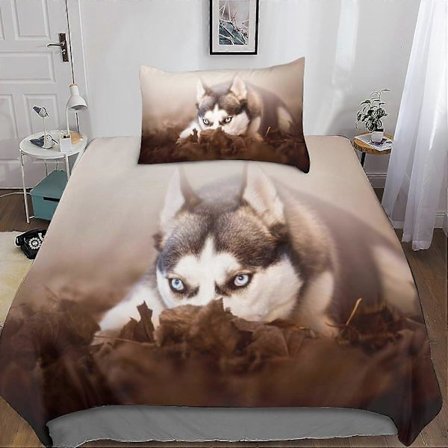Husky Dynebetræk Sengesæt 3D Hunde Sengesæt Sengelinned med Lynlåslukning Pudebetræk Mikrofiber 2 Stk til Voksne Børn Piger Enkelt