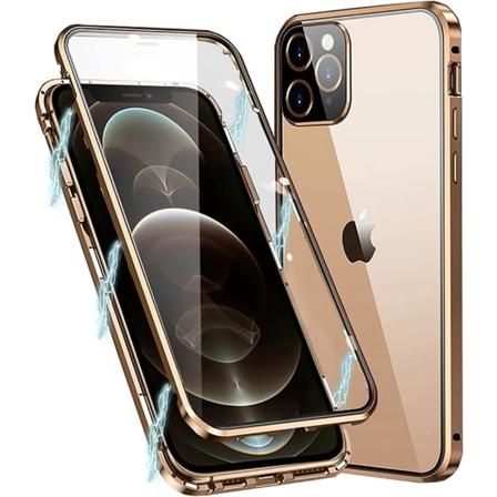 Mobildeksel for Apple iPhone 11, magnetisk metallram 360 graders full dekning, herdet glasskjermbeskyttelse, gull iPhone 11 Pro Max