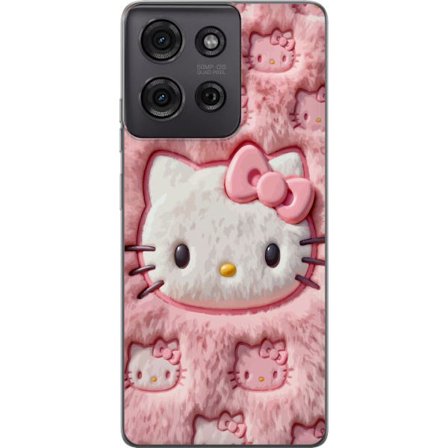 Kompatibelt Mobildeksel til Motorola Moto G75 Hello Kitty rosa fluffy bakgrunn med ikoniskt ansikt og kawaii-estetikk