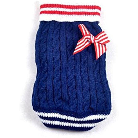 Lille hundetrøje Navy strik kattetrøje hvalp kæledyrstøj sløjfe blå XS
