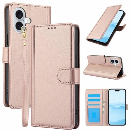 Etui til iPhone 15 Pro roségull crossbody anti-fall lommebok i skinn
