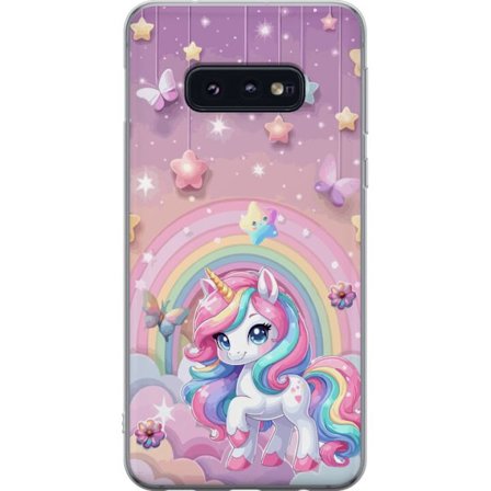 Kompatibel Mobilcover til Samsung Galaxy S10e Magisk enhjørning med regnbue manke, stjerner og sommerfugle mod en pastelfarvet himmel med skyer