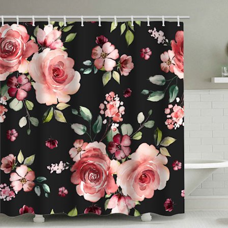 Svart blommig duschdraperi, med 12 plastkrokar