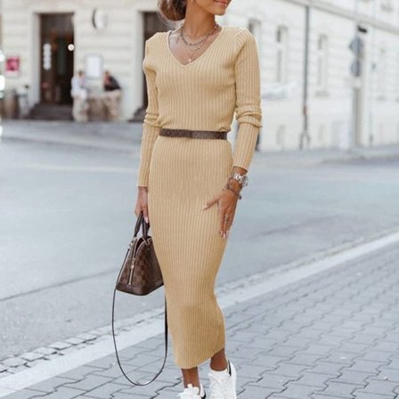 tickad långklänning kvinnor V-hals tretch lim långärmad klänning