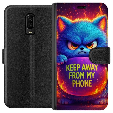 Kompatibelt Lommeboketui til OnePlus OnePlus 6T Sinna lodne blå katt med teksten "Hold deg unna telefonen min" i neonfarger og ildlignende effekter,