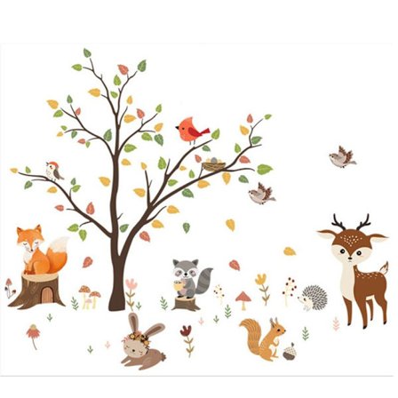 Skovdyr, stort træ, vægklistermærker, grene, glasmaleri