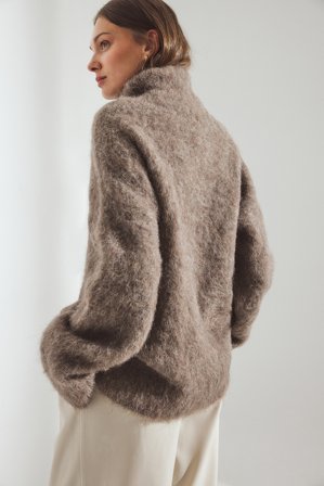 Premium Selection Pull en maille de laine d'alpaga mélangée à col roulé - Qualité premium - Marron - L