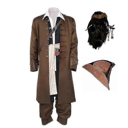 Captain Jack Sparrow Cosplay Kostume Frakke Jakke Voksen Hat Paryk Sæt Halloween Karneval Kostume - Perfekt