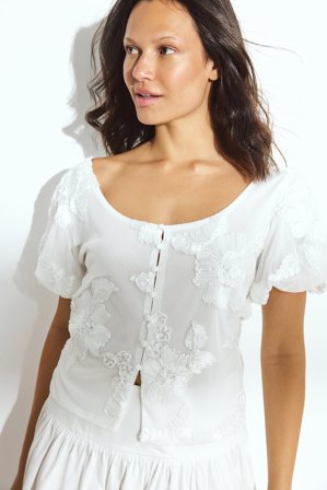 NA-KD Puff Sleeve Pattern Top - Toppe med puff ærmer - Råhvid - L