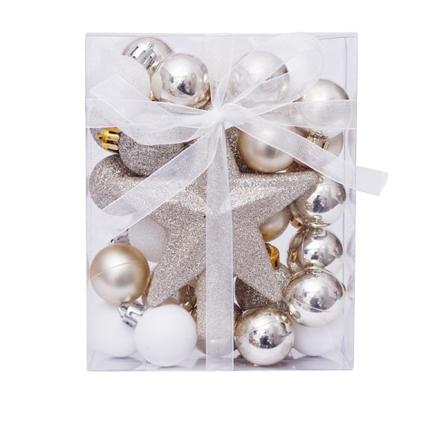 Julepynt 3cm Sæt 30 Julekugle Trætopstjerne Gaveæske Juletræspendant White gold color