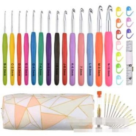 CE013 - Sæt med 14 stk. hæklenåle plus strikkepindemærker, målebånd osv. Pink én størrelse