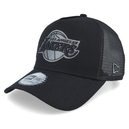 New Era - Los Angeles Lakers Black On Black Team Logo 9FORTY Black A-Frame Trucker Trucker Black Cap - NBA @ Hatstore