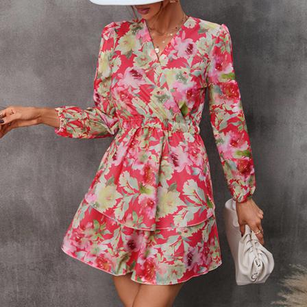 Damer Med Blommigt Print Miniklänningar V-ringad Kort Klänning