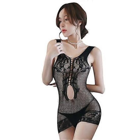 Sexig V-ringad Rygglös Dam Svart Mesh Nattlinne Transparent Öppen Gren Bodysuit Genomskinlig Mini Nattklänning