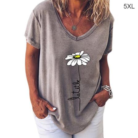 Kvinnor T-shirt V-hals Blomma Utskrift Top Kortärmad Lös