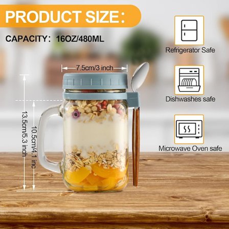2 st 450 ml Overnight Oats-burkar & Lock & Sked Yoghurtkruka med Mätmarkeringar Masonburkar & Yoghurt Müsli To Go Overnight Oats-burkar med Sked