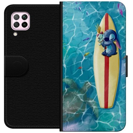 Kompatibel Tegnebogsetui til Huawei P40 lite Afslappende illustration af Stitch der hviler på et surfbræt i klart turkisfarvet vand