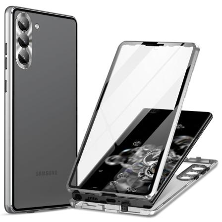 För Samsung Galaxy S24 Case Metallram Dubbla sidor Cover av härdat glas Silver