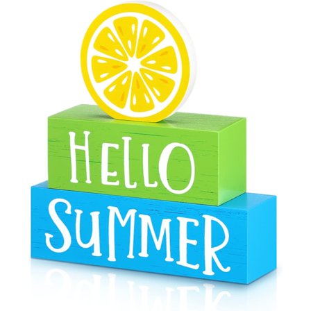 Sommardekor 3-delat Set, Citron Träklossar - Rustik Etagère & Bordsdekor, Hello Summer Skyltar för Kök, Vardagsrum & Fest