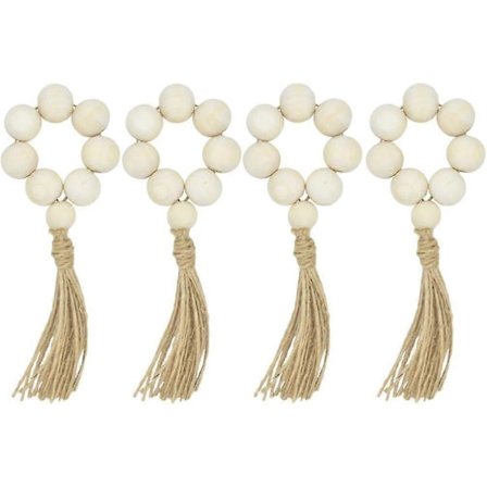 4 st Servett Ringar med Trasa och Pärlor, Trä Servett Spänne, Naturligt Trä Pärlor Servett Spänne, Handgjorda Trä Pärlor Servett Ringar