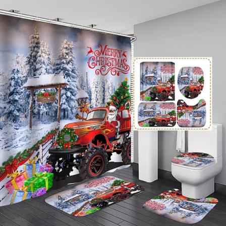 Merry Christmas -suihkuverhosetit kylpyhuoneeseen, 4 kpl Xmas suihkuverhot / liukumattomat kylpyhuoneen matot / kannen wc- cover/ kylpymatto, hauska 