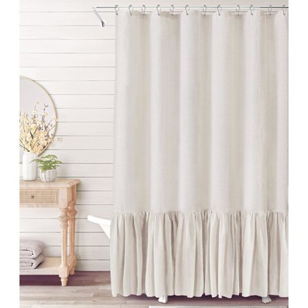 Landlig bruseforhæng med flæse, badeværelse linned blanding bruseforhæng, naturlig farve