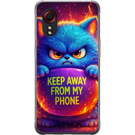Kompatibel Mobilcover til Samsung Samsung Galaxy Xcover 5 Vred luvat blå kat med teksten "Hold dig væk fra min telefon" i neonfarver og ildlignende