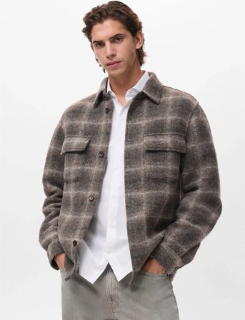 Mango Check Wool-Blend Overshirt - Brown - M
