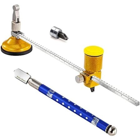 Rund glasskjærer med reservoar og sugekopp, justerbar diameter