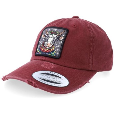 Ho-Ho-Hats - Röd unconstructed Keps - Silly X-mas Cow Maroon Destroyed Dad Cap @ Hatstore