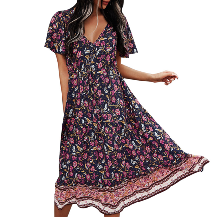 Klänning Kvinnor Sommar Casual Lös V-ringad Retro Print Rhomb