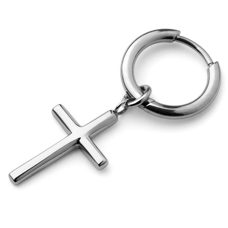 Pendiente de aro con colgante de cruz de titanio plateado para hombres - Pendientes de aro con colgante