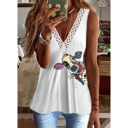 B8102 Niu- Printed Ärmlöst Löst Pussel Damer