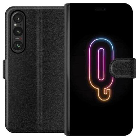 Kompatibelt Plånboksfodral till Sony Sony Xperia 1 V Minimalistisk neonbokstav Q i lysande färger mot mörk bakgrund