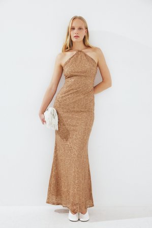 NA-KD Neckholder-Maxikleid aus Spitze mit Pailletten - Neckholder Kleid - Braun - L (EU 42-44)