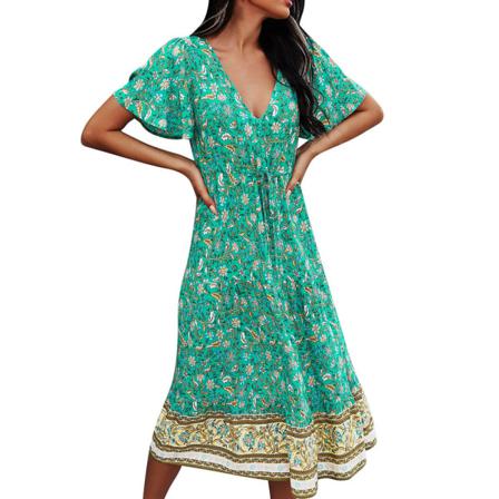 Klänning Kvinnor Sommar Casual Lös V-ringad Retro Print Rhomb