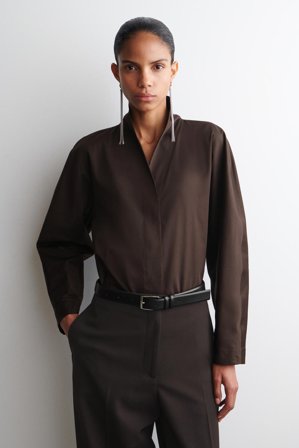 COS Damen Shawl-Collar Cotton Blouse - Braun