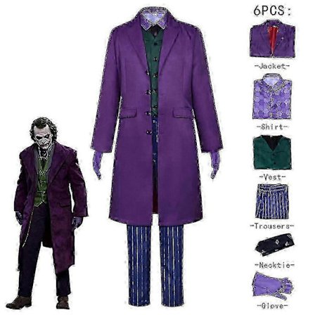 Høykvalitets Heath Ledger Cosplay Dress Halloween Herre Film The Dark Knight Joker Kostyme Lilla Jakke Komplett Sett V