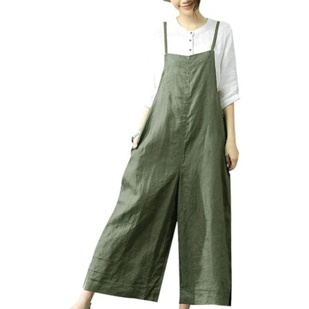 IC Dam Casual Lösa Långa Haklappsbyxor Jumpsuits med Vida Ben Baggy Bomullsbyxor Overall med Fickor PZZ