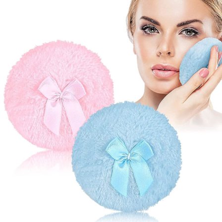2 stycken 4 tum stor kropp Fluffy Powder Puff Mjuk plyschkudde Puff Rund Powder Lös Puff med bandbåge för ansikte och kropp (rosa och blå) W